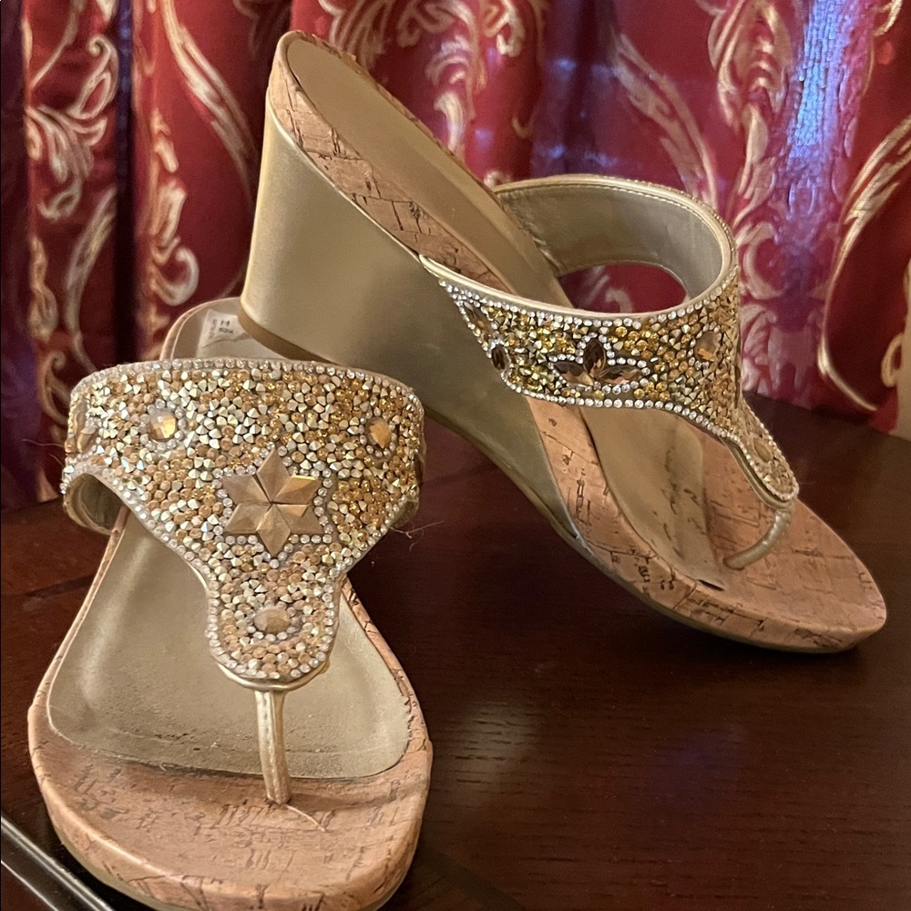 Madeline Stuart Gold Embellished Wedges